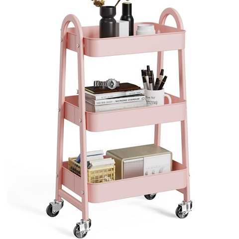 Amazon - OLIXIS 3 Tier Utility Rolling Cart, Metal Mobile Storage Shelf with Lockable Caster Wheels, Organization for Livingroom, Bathroom & Narrow Places, Pink