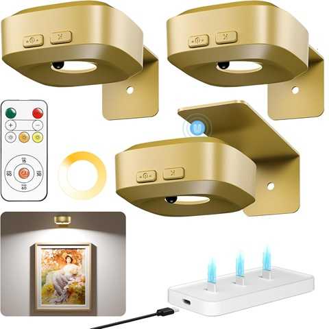 Amazon - Picture Lights for Wall with Charge Station, 3 Pcs Rechargeable Magnetic Poster Lights with 3 Color Temperatures, Dimmable Timer Painting Wall Decor Light for Art Display, Frame (Gold)