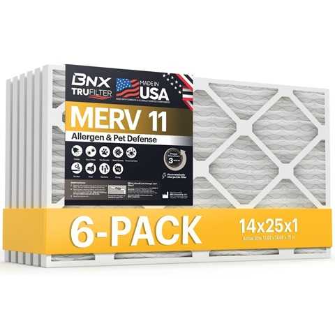 Amazon - BNX TruFilter 14x25x1 Air Filter MERV 11 (6-Pack) - MADE IN USA - Allergen Defense Electrostatic Pleated Air Conditioner HVAC AC Furnace Filters for Allergies, Dust, Pet, Smoke, Allergy MPR 1200 FPR 7